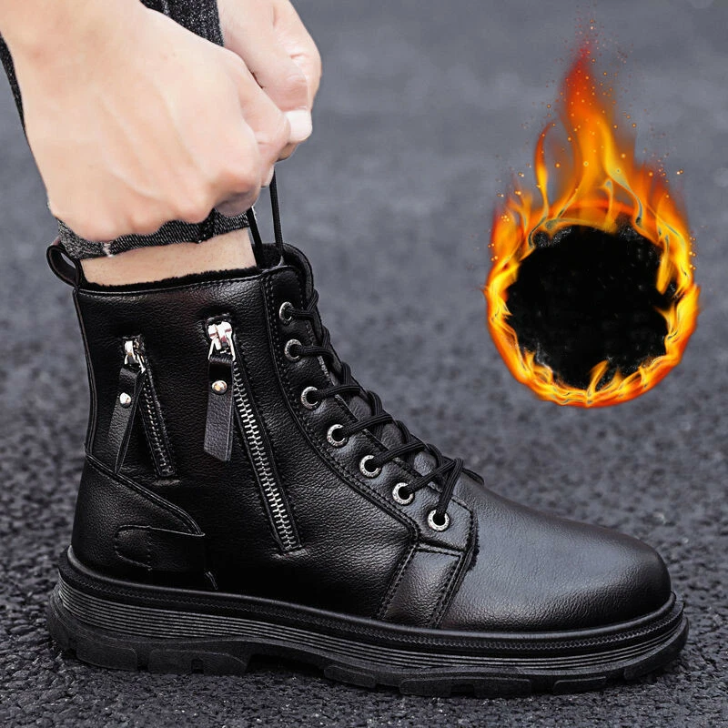 Mens Pu Leather Lace Up Black Fleece Lined Ankle Riding Boots Winter Warm Zip Sh