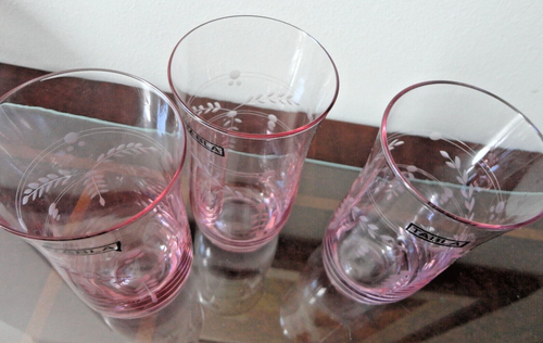 TABLA ETCHED GLASS PINK FLORAL 3 TUMBLER DRINKING GLASSES 6 1/4" T - Picture 9 of 20