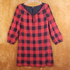 MADEWELL Dress Womens Small Red Pullover Shift Buffalo Plaid Tie Front Keyhole