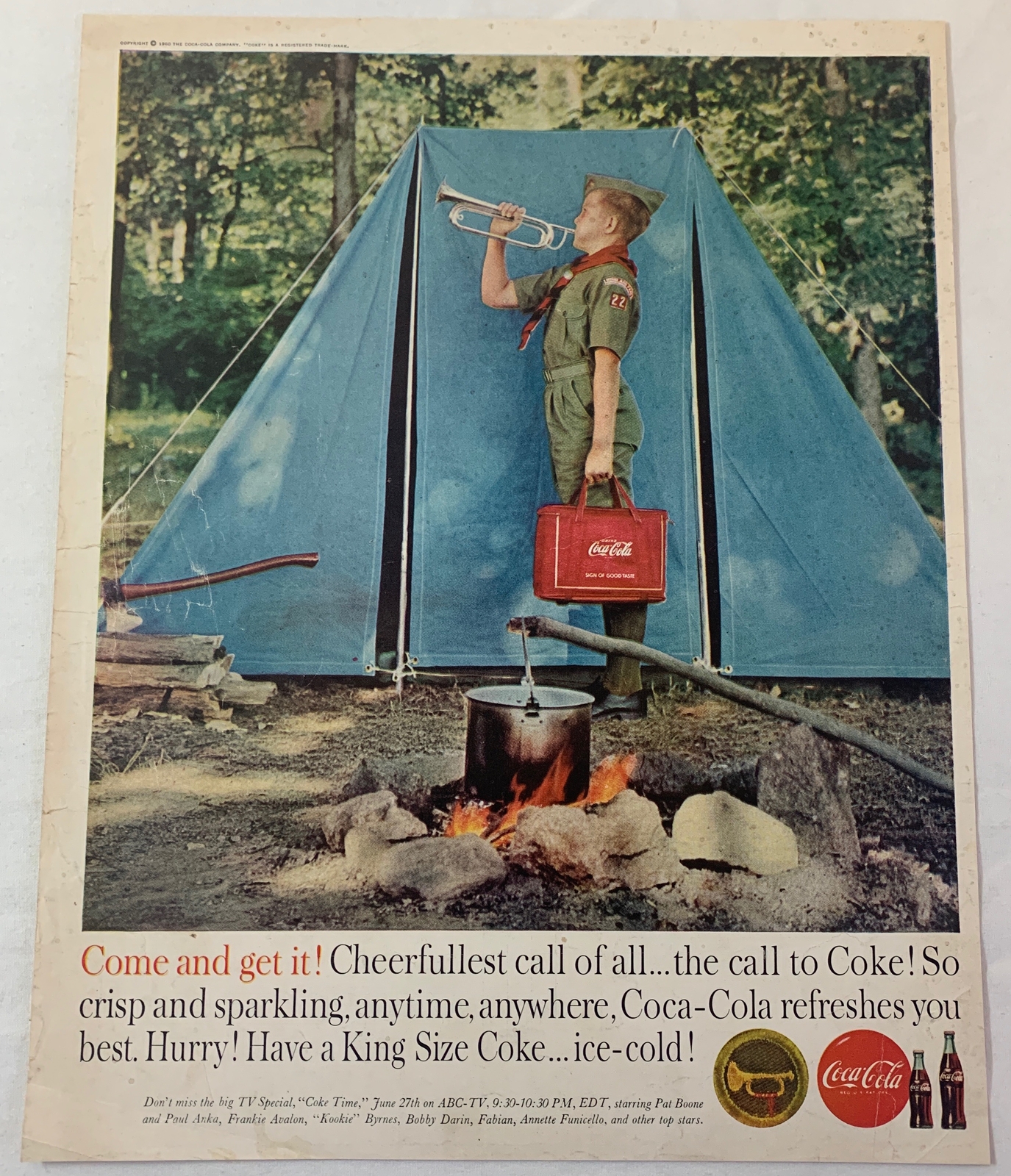 1960 Coca Cola Anuncio ~ Niño Scout, Corneta Y Tienda Come And Get En