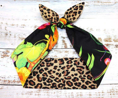 cheetah black floral headband bandana head scarf dolly bow hair wrap headscarf - Picture 2 of 4