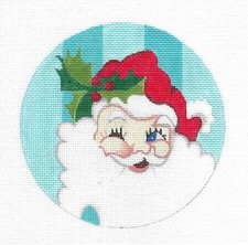 Winking Santa on Aqua 5" Rd. 18 mesh HP Needlepoint Canvas by Raymond Crawford
