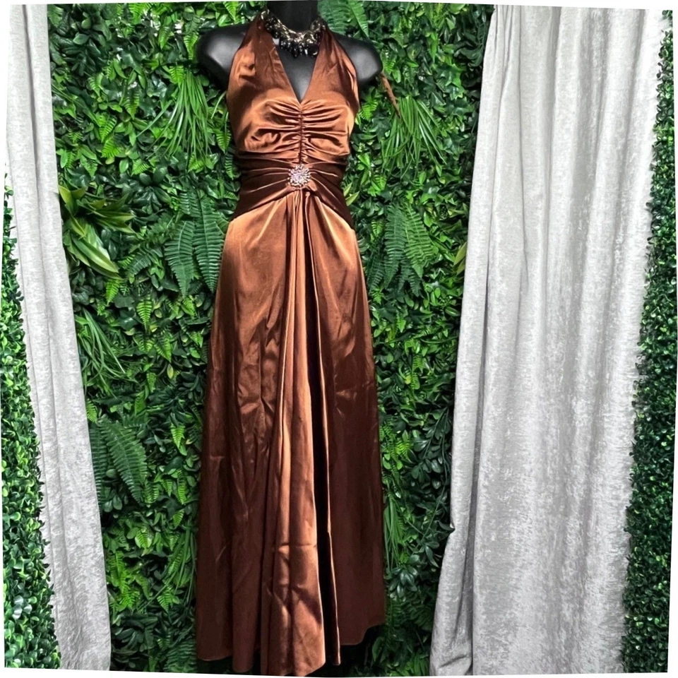 Maxi Vestido Formal Vintage Jessica McClintock Talla 6 Bronce Halter 2947 Foto 3 de 4