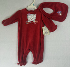 Vintage Red Velvet Velour 3-6 Month Kitten Jumper/Bib Set JCPenny NWT