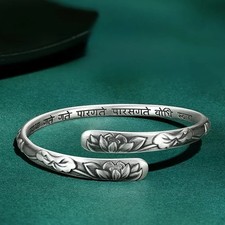 Vintage 925 Thai Silver Lotus Flower Cuff Bracelet for Women Buddhism Bangle