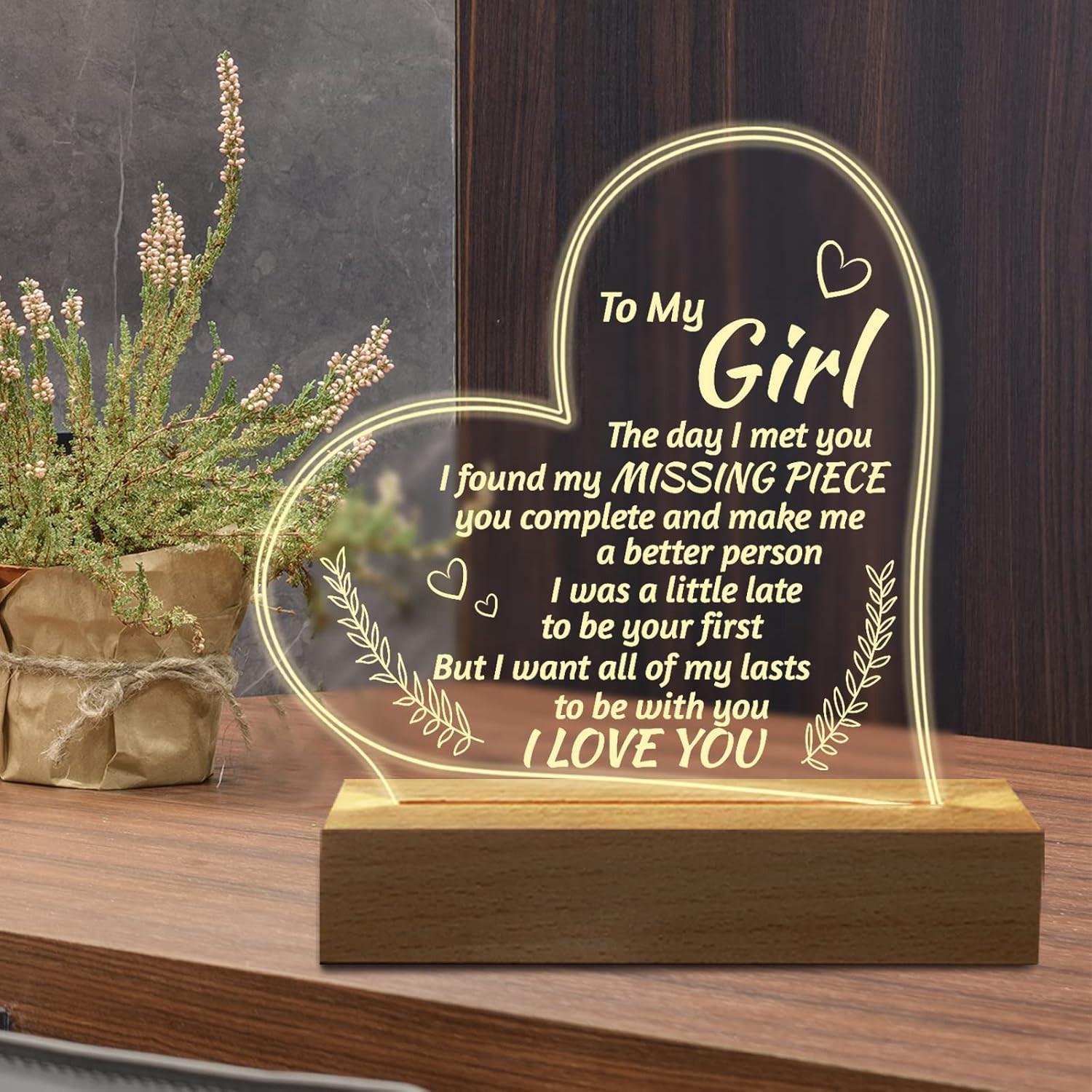 Engraved Night Light for Girlfriend - Romantic Gift for Anniversary or Birthday