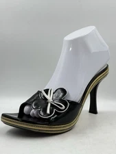 Stuart Weitzman VTG Black Patent Leather High Heeled Mule With Flower Detail 8 M