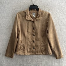 Chicos Womans Button Jacket Solid Gold Metallic 1 Medium Polyester Long Sleeve