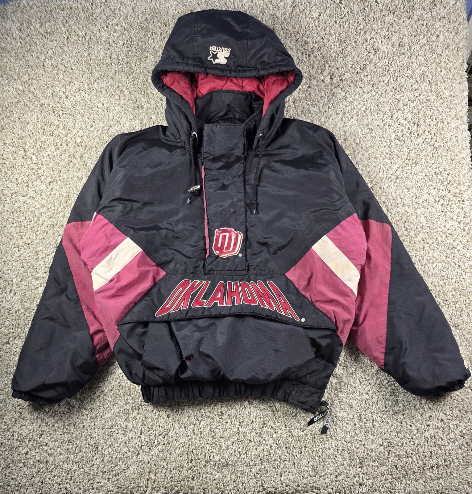 Vintage Oklahoma Sooners OU Starter Puffer Jacket Size Small Black Pullover Rare