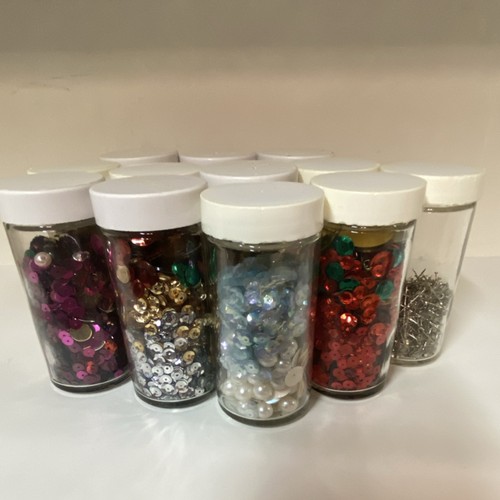 Vintage Assorted Multicolor Sequins in 12 Vintage Glass Jars made in Taiwan