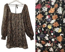 Reset By Jane Women's Mini Dress Size S Floral Chiffon L/S Smocking Self Tie