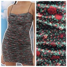 Urban Outfitters Iris Silky Satin Ruched Mini Dress Roses Sz S Grunge Club Y2K