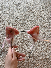 Pink Cat Ears Headband Ribbons and flower charm fur ears furry cosplay kawaii