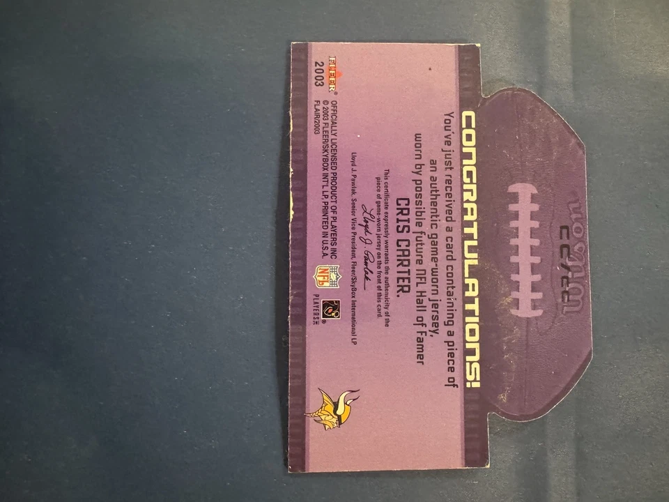Camiseta deportiva Cris Carter 2003 Fleer Flair usada en juegos parche Vikings Foto 2 de 2