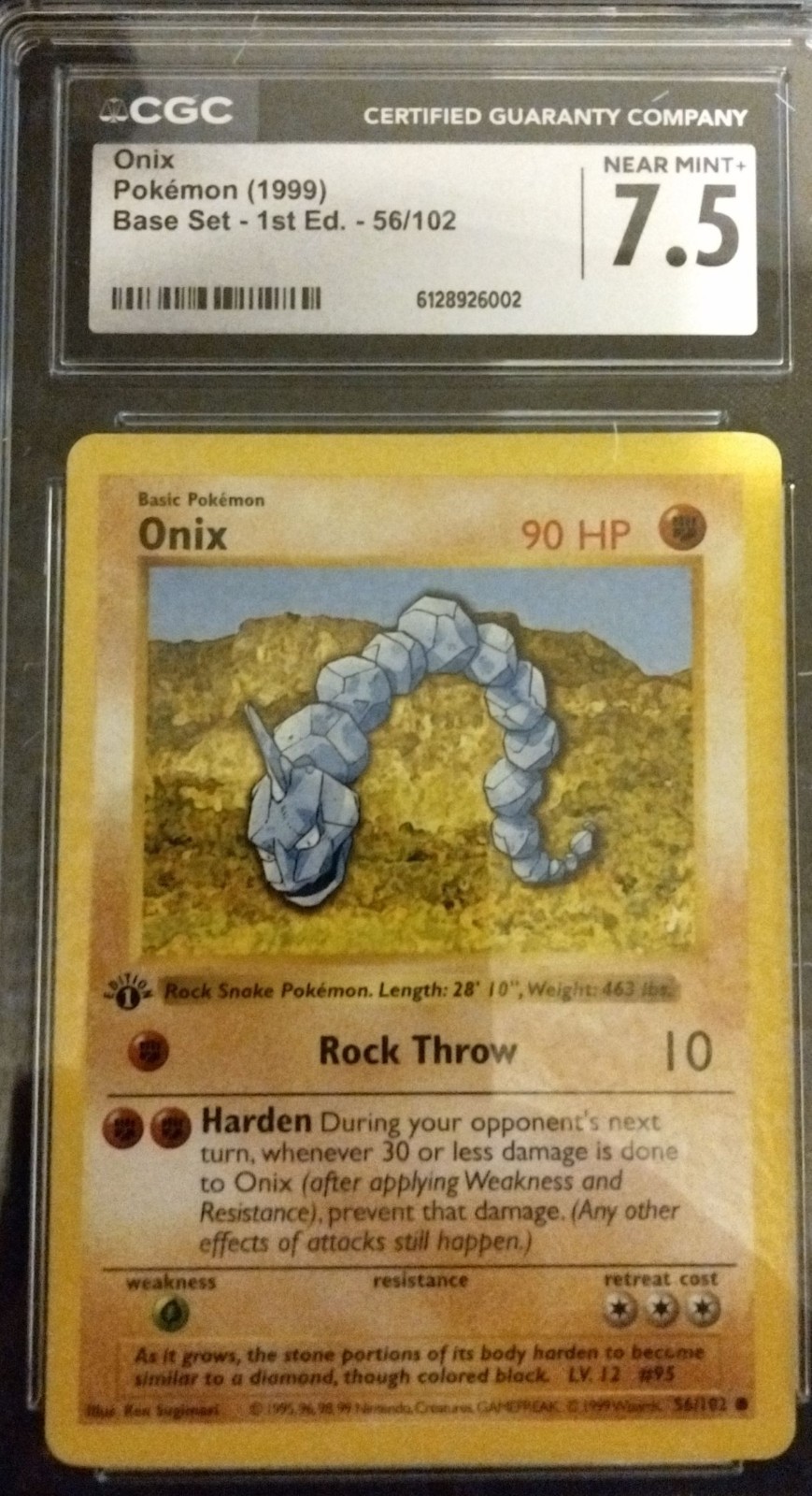 1999 Pokemon Base Set 1st Edition Onix #56/102 CGC 7.5 NEAR MINT+