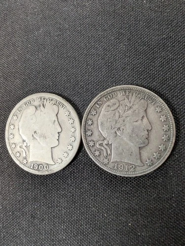 Lot of 2 Barber Half Dollars: 1900-S & 1912-S - Better Date S-Mint Pair - 90%...