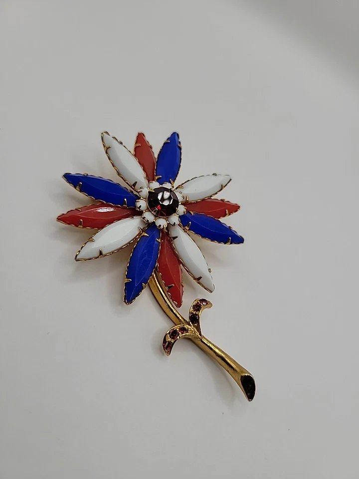 Broche Prendedor Vintage Flor Rojo Blanco Azul Cristal Patriótico Tono Dorado Joyería Foto 3 de 4