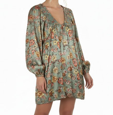 Peach Love NEW Deep V-Neck Dress Women Medium Sage Green Mini Satin Boho Floral