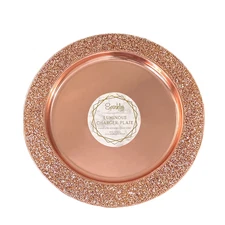 Rose Gold Charger Plate 13" Luminous Sparkling Rhinestone Stainless Steel Server