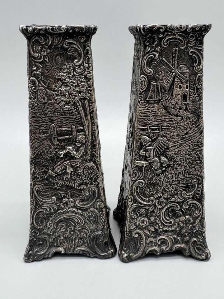 Jarrón vintage de plata con escenas al aire libre Weidlich Bros (WB) #2374 juego de 2 Foto 3 de 4