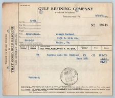 Cardani BILLHEAD Gulf Refining Company Philadel Supreme Auto Oil Sept 29th, 1924