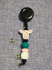 Handmade Beaded Pink Cow Head Retractable Badge Reel