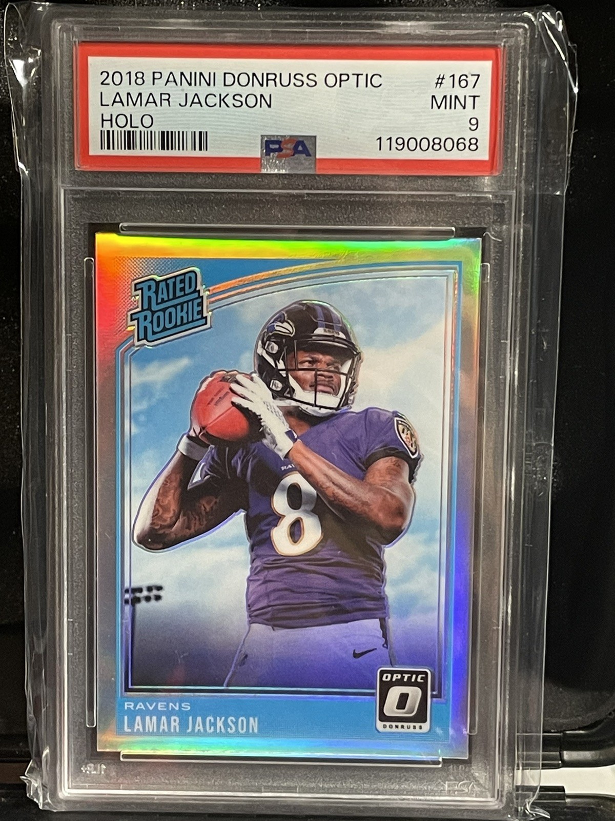 2018 PANINI DONRUSS OPTIC HOLO PRIZM #167 LAMAR JACKSON RC RATED ROOKIE PSA 9
