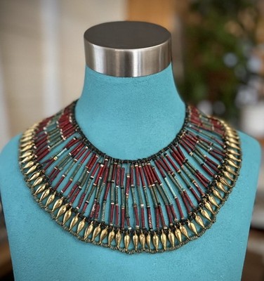 Vintage Egyptian Revival Bib Necklace Faience Collar Beaded Gold