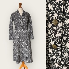 Vintage 90s St Michael M&S Dress 10 Black Floral Gold Button Shirt Waister Midi 