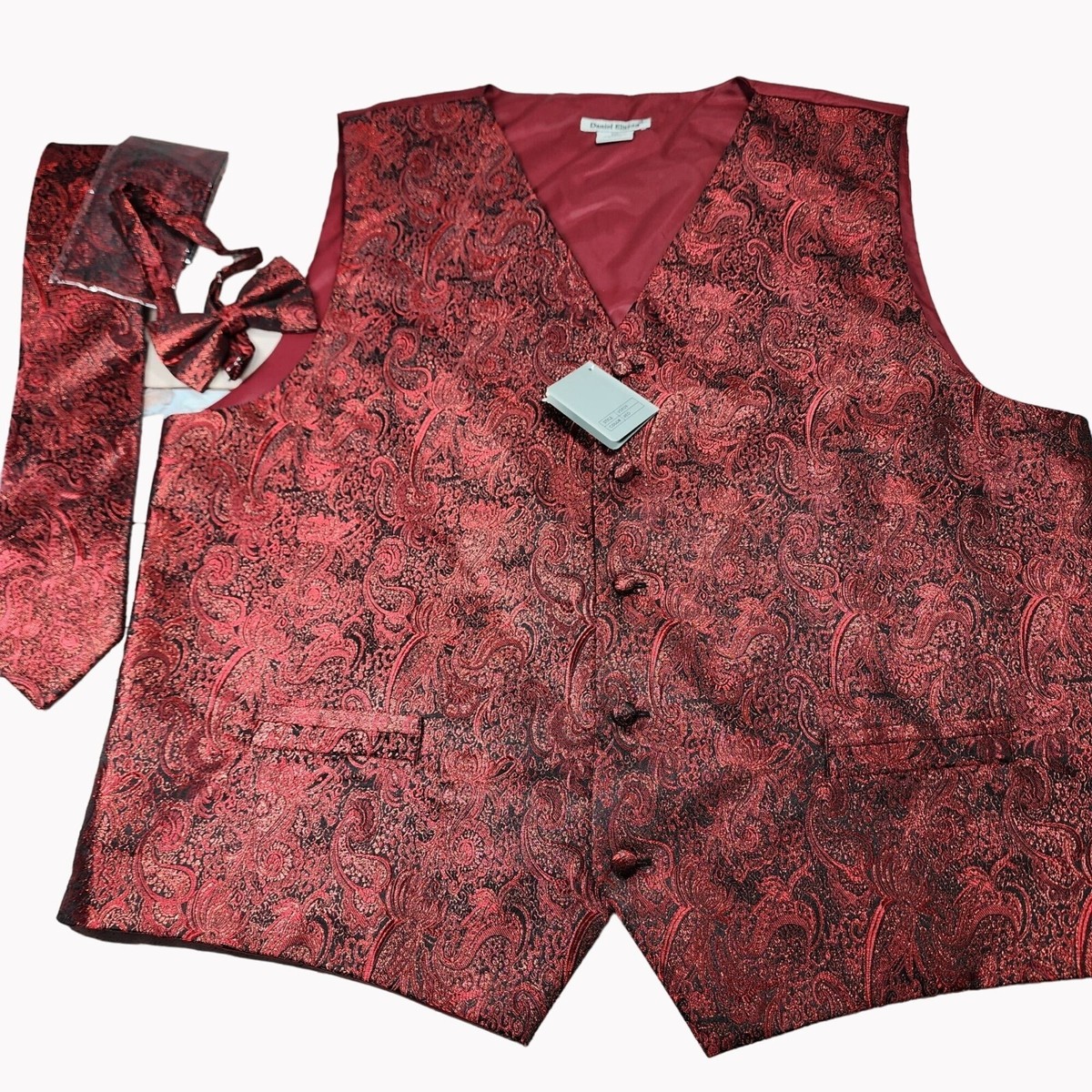 NEW Daniel Ellissa Men's 2XL Red Foil Paisley Vest Tie Pocket - Main Image
