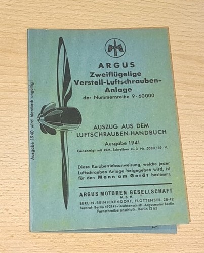 ORIGINAL 82 Jahre alt v 1941 Zweiflügelige Luftschrauben Anlage ARGUS Flugmotor