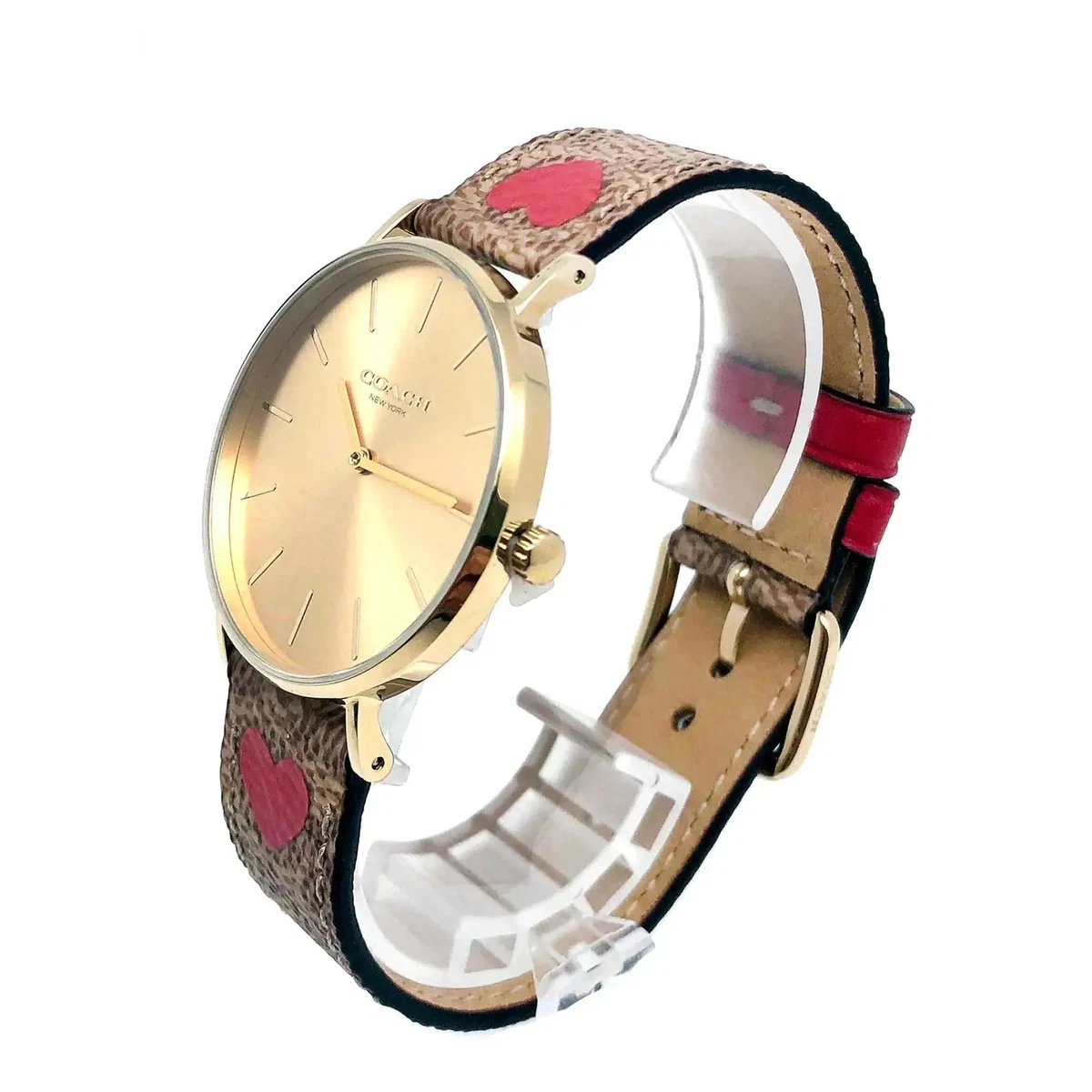 Coach Perry Leather Strap Steel Gold Dial Quartz Ladies Watch  