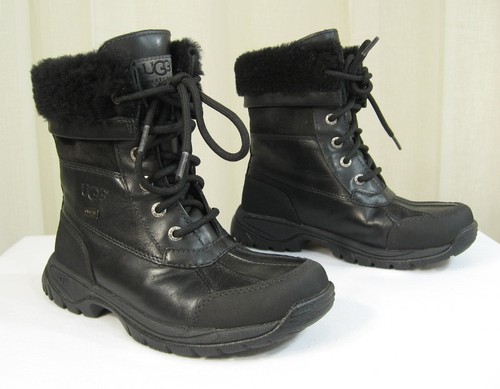 NEW UGG Australia Big Kids Butte Shearling lace-up Black Leather Boot US 2/EU 32 - Picture 4 of 12