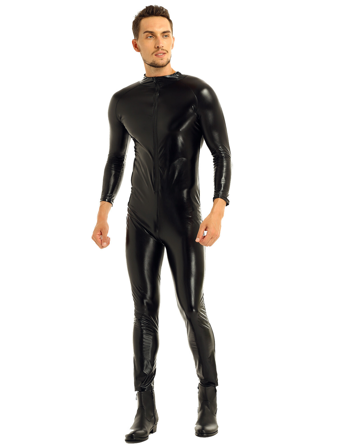 Freebily Herren Wetlook Jumpsuit - PU Leder Latzhose Kurz Mit Hosenträger