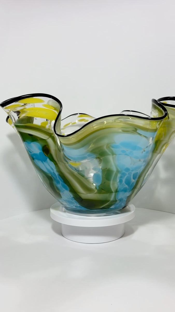 【未使用品】MURANO イタリア製　アート　ガラス 大皿　ボウル　39cm Murano Ruffled Art Glass Bowl in Blue, Yellow and Green | eBay