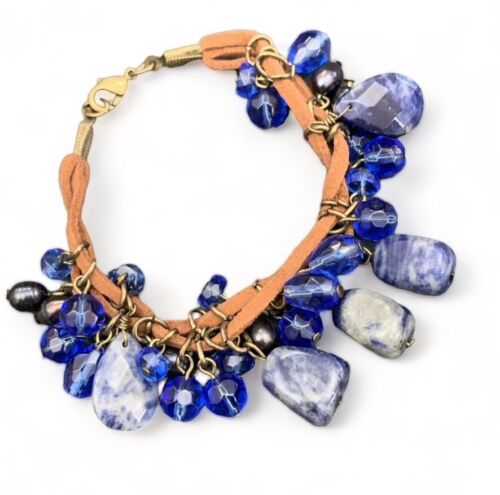 Bracelet bohème vintage bohème 7 pouces lapis-lazuli pierre perle chaîne cuir - Photo 1 sur 9
