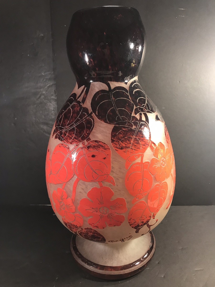 A Large Art Deco Acid Etched Cameo Glass Vase, Signed Degue