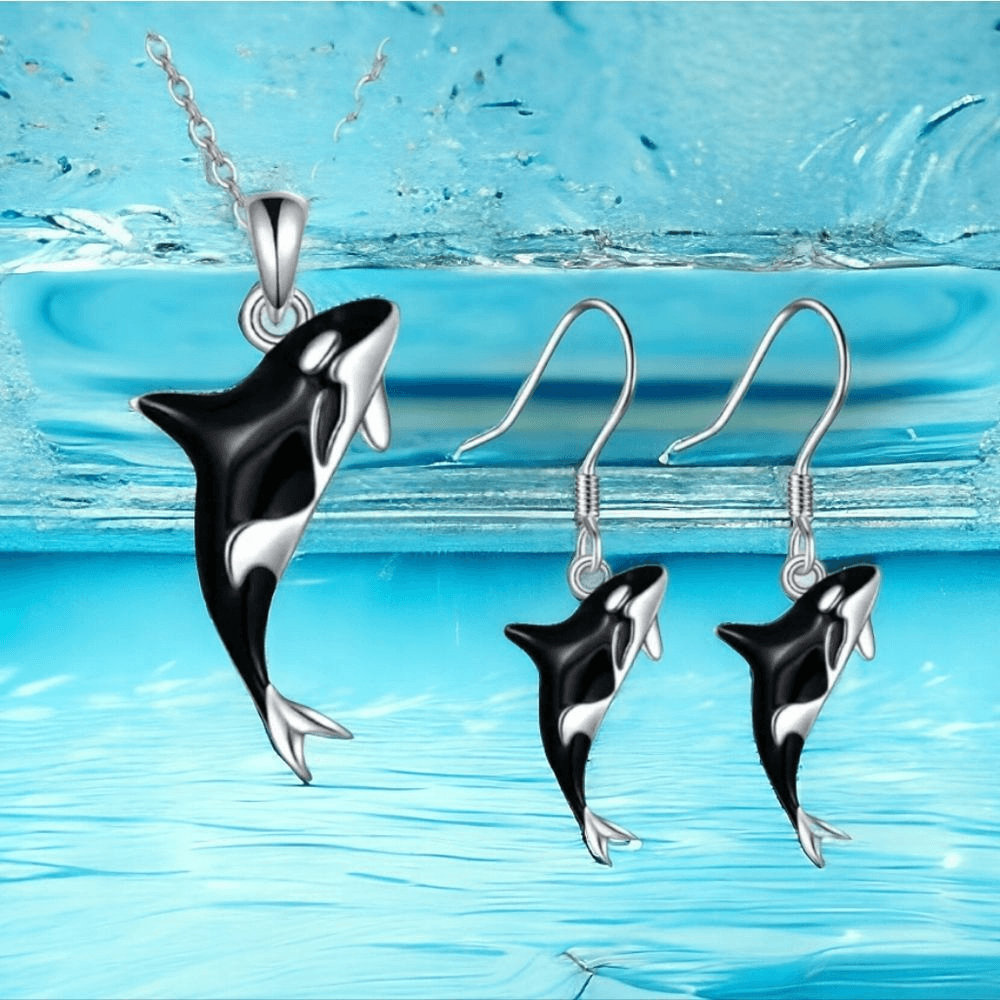Orca Whale 3pc Jewelry Set Matching Necklace Dangle Drop Earrings