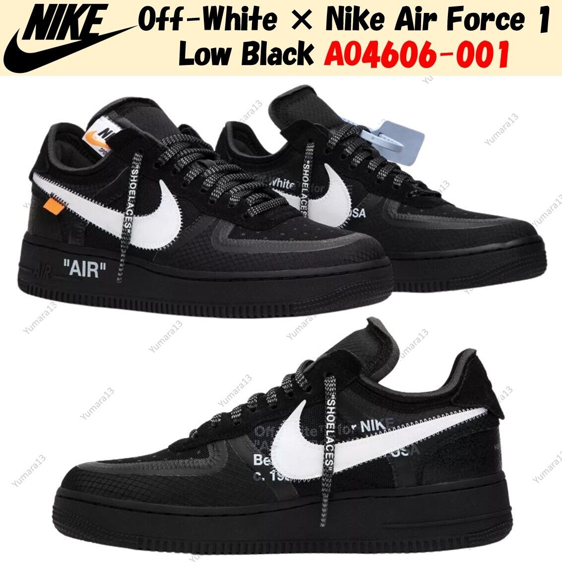 Off-White × Nike Air Force 1 Low Black AO4606-001 Men's Size Off-White × Nike Air Force 1 Low Black AO4606-001 Men's Size