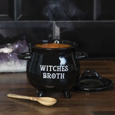 Witches Broth Ceramic Black Cauldron Soup Bowl & Broomstick Spoon