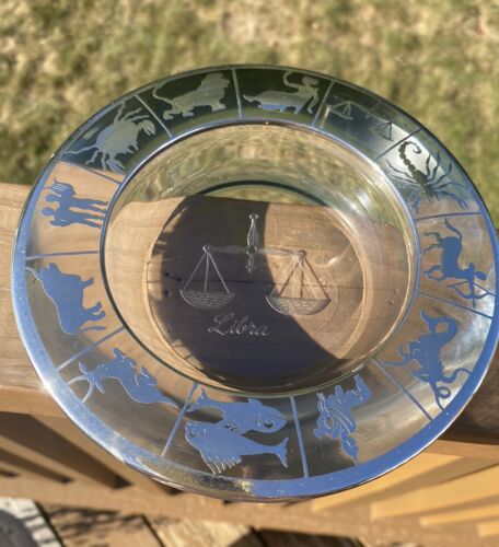 VINTAGE ART GLASS CANDY NUT DISH LIBRA WITH STERLING SILVER INLAY ZODIAC SIGNS - Picture 3 of 8