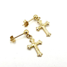 JACMEL 14K cross earrings - yellow gold dainty drop etched ribbed .33 grams 5/8"