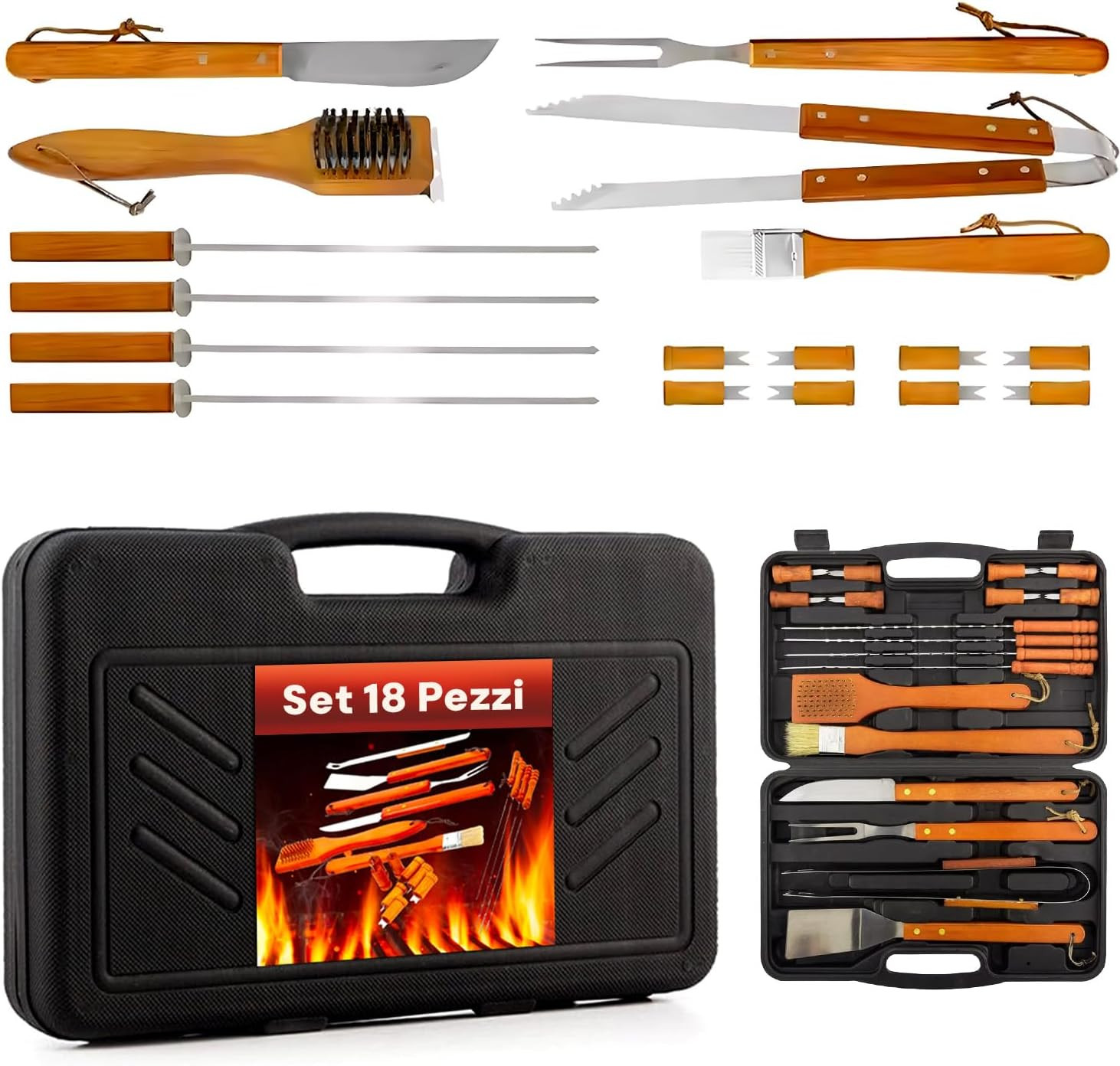 Kit Barbecue da Viaggio 18 Pezzi - Accessori BBQ Acciaio e Legno