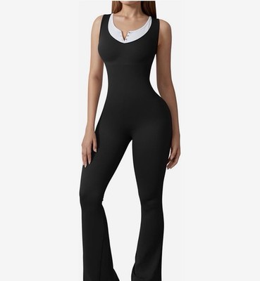 Women's Black White Sleeveless Flared Jumpsuit Scoop Neck One-Piece