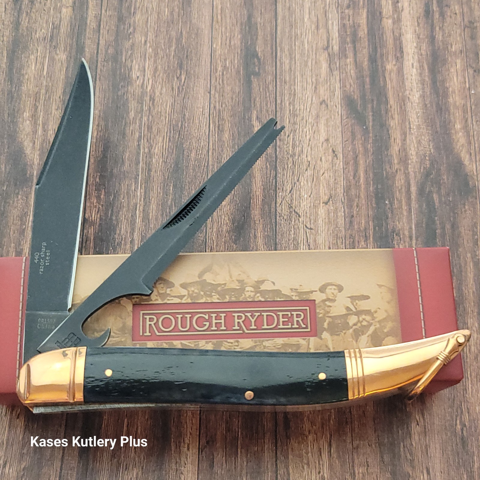 Ruff Rider Knives Rough Rider RR1597 Fish Scaler Knife Black Bone Handles Copper Bolsters ...