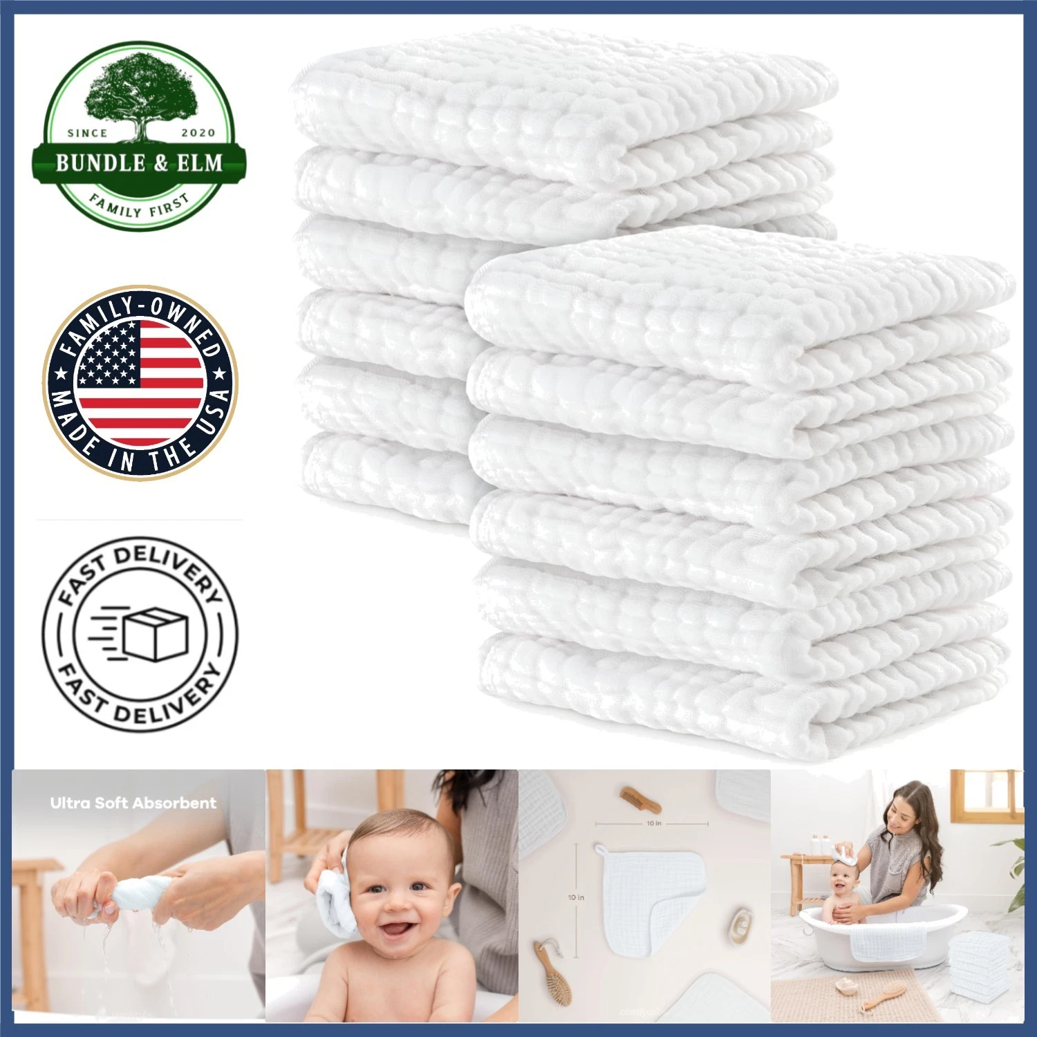 Large 10x10 Muslin Washcloths for Sensitive Skin, 10-Pack Baby Care Essentials