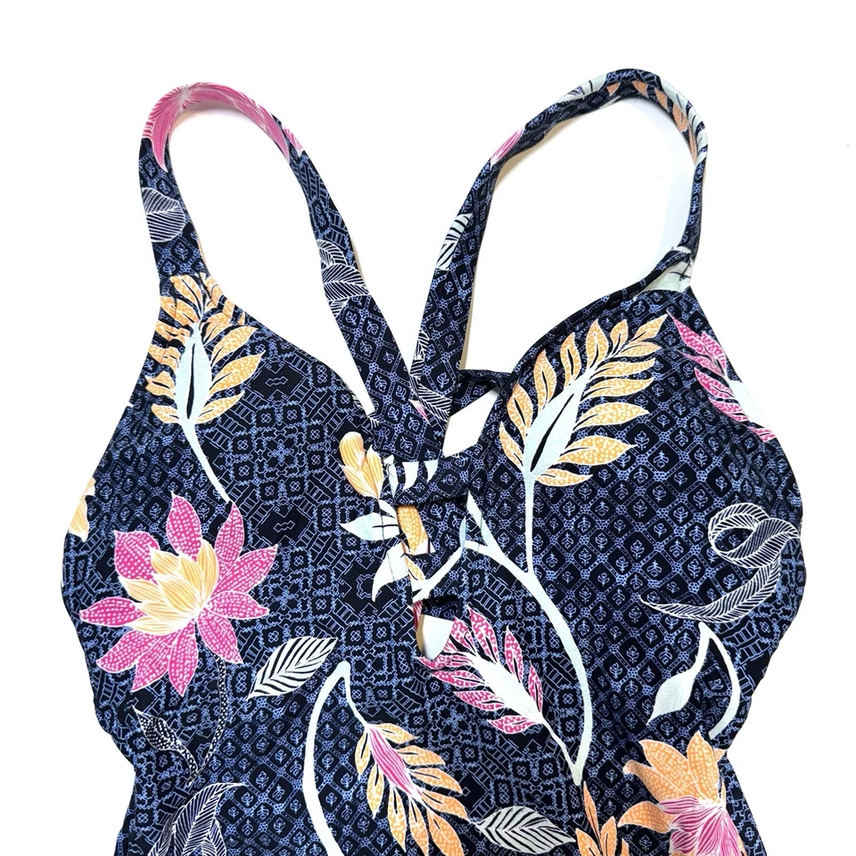 Traje de baño Seafolly Deep-V de una pieza azul y rosa loto floral antro para mujer 8” Foto 3 de 4