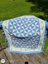 vintage hand made baby quilt ABC 123 blue green white ruffled edge crib sized