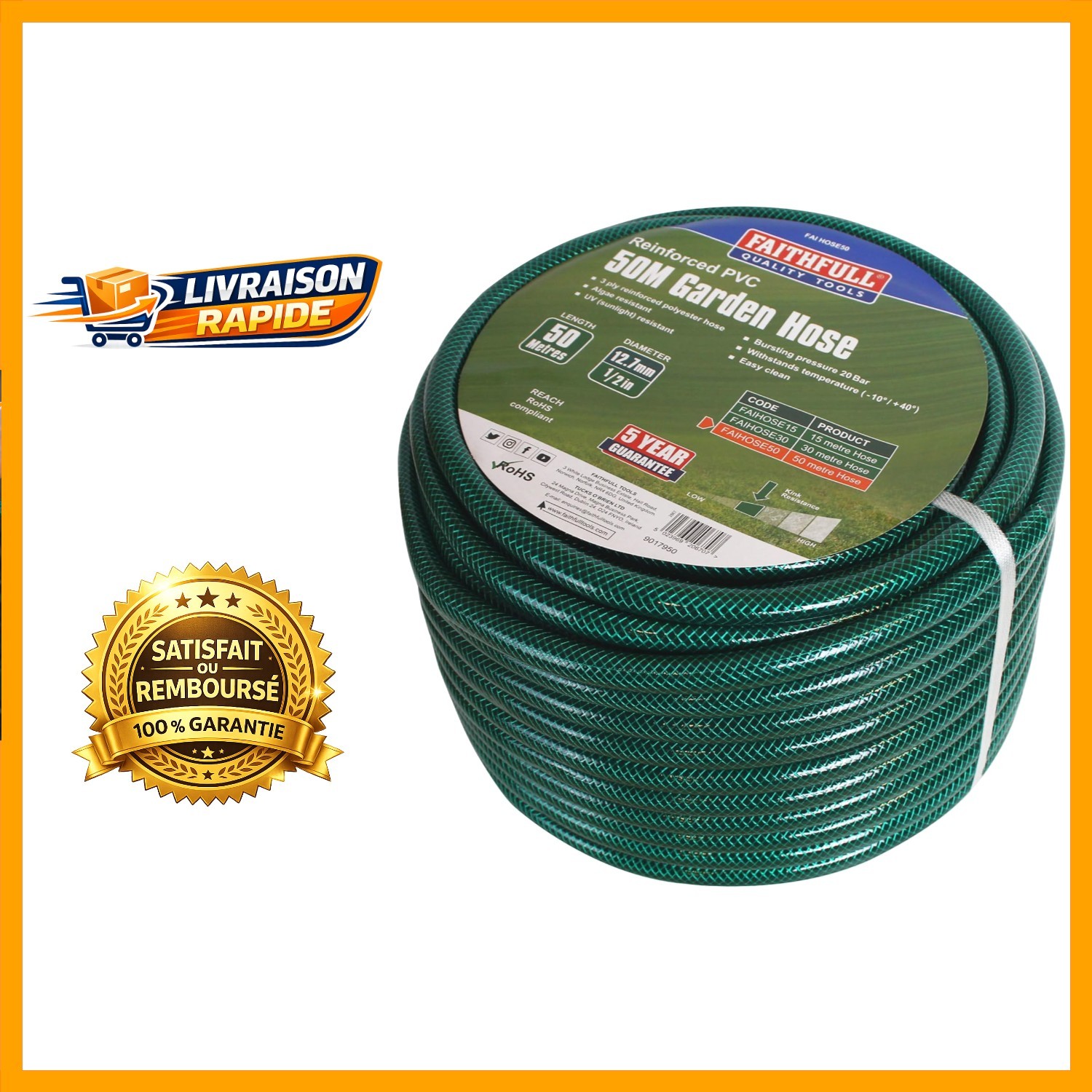 Tuyau de jardin PVC renforcé 50M anti-torsion haute pression