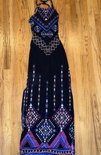 Fashion Nova Maxi Dress Tribal Print Halter Strappy Blue Small S Slinky Fitted